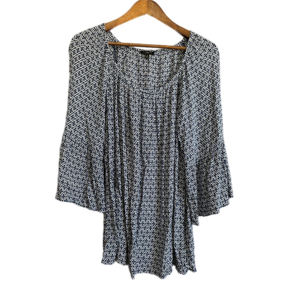 Talbots‎ Woman 1X Navy White Geometric Print Bell Sleeve Boho Tunic Top